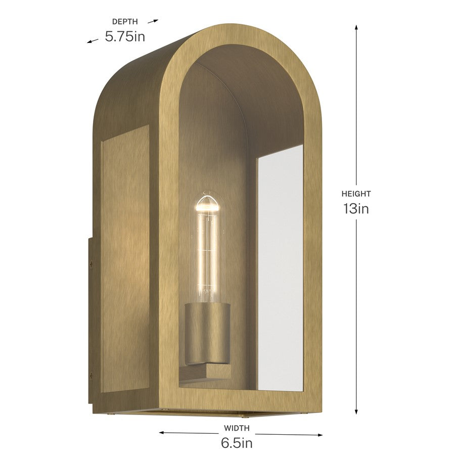 Kichler Marea 13in 1-Light Outdoor Wall Light | Art Deco Natural Brass and Clear Glass | Entryway & Porch | 6.5 x 13 x 5.75 in | Model 59200NBR