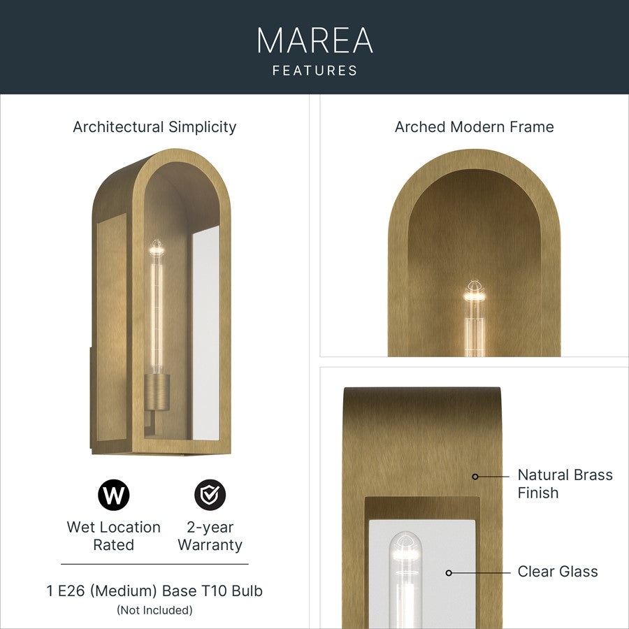Kichler Marea 17in 1-Light Outdoor Wall Sconce | Art Deco Natural Brass and Clear Glass | Entryway & Covered Patio | Model 59201NBR