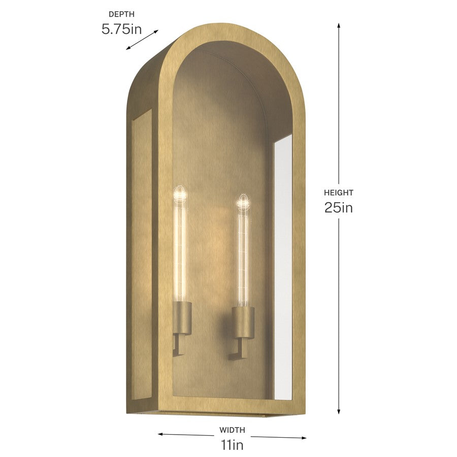 Kichler Marea 25in 2-Light Outdoor Wall Light | Art Deco Natural Brass and Clear Glass | Entryway & Porch | 11 x 25 x 5.75 in | Model 59203NBR