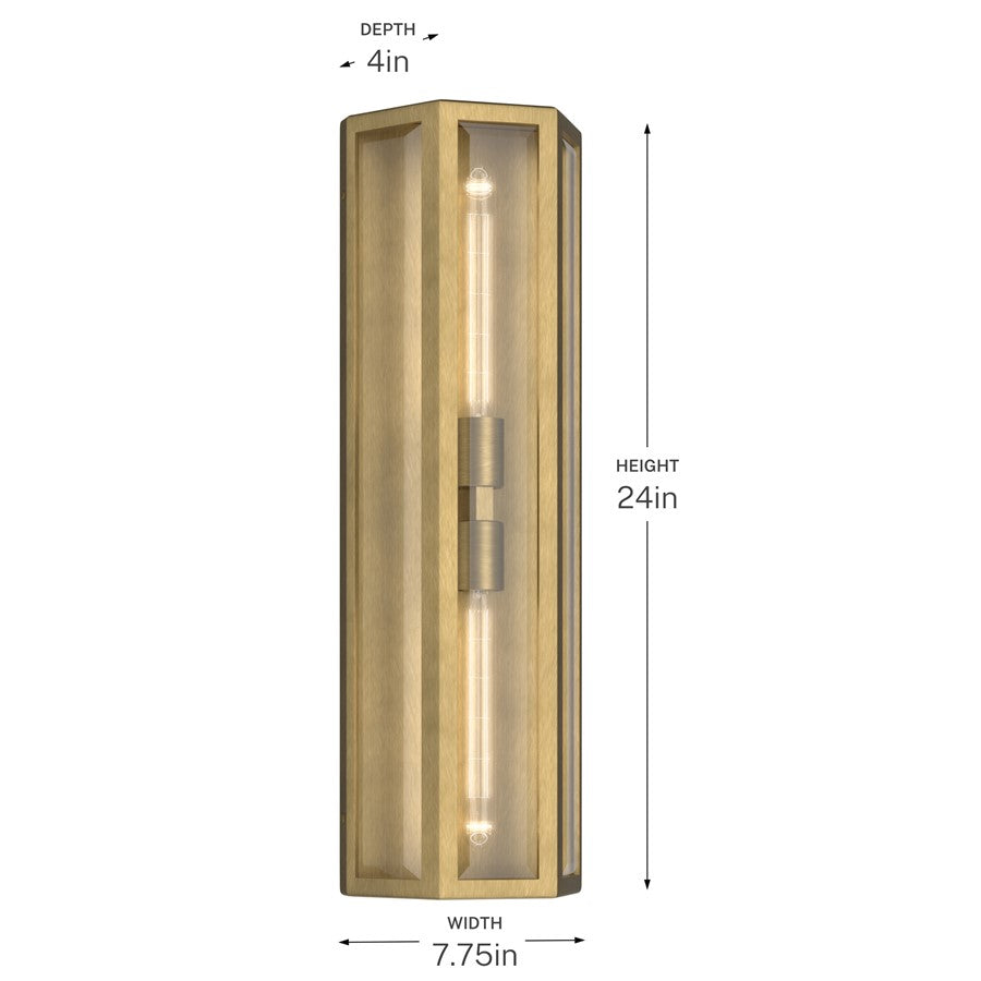 Kichler Berens 24in 2-Light Outdoor Wall Light | Traditional Natural Brass Aluminum and Clear Beveled Glass | Entryway & Porch | Model 59216NBR