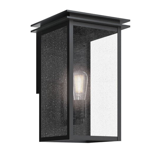 Kichler Arkville 14in 1-Light Outdoor Wall Sconce | Arts and Crafts Textured Black and Clear Seeded Glass | Covered Porch & Entryway | Model 59541BKT