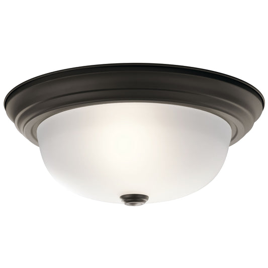 Kichler 13.25in 2-Light Flush Mount | Transitional Olde Bronze and Satin Etched Glass | Bedrooms & Hallways | 13.25 x 6 in | Model 8112OZ