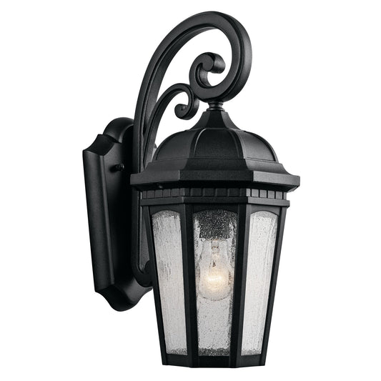 Kichler Courtyard 8in 1-Light Outdoor Wall Sconce | Traditional Textured Black and Clear Seeded Glass | Covered Patio & Entryway | Model 9033BKT