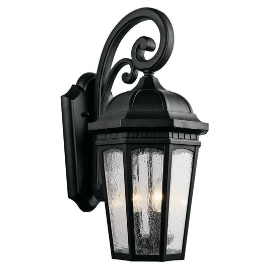 Kichler Courtyard 22in 3-Light Outdoor Wall Sconce | Traditional Textured Black and Clear Seeded Glass | Covered Porch & Patio | Model 9034BKT