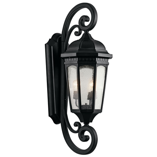 Kichler Courtyard 14in 3-Light Outdoor Wall Lantern | Traditional Textured Black and Clear Seeded Glass | Covered Porch & Patio | Model 9060BKT