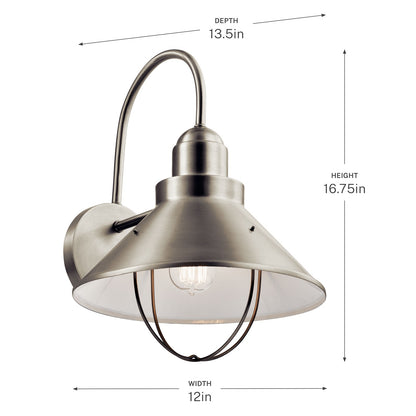 Kichler Seaside 12in 1-Light Outdoor Wall Lantern | Rustic Brushed Nickel Aluminum | Entryway & Patio | 12 x 16.5 x 13.5 in | Model 9142NI