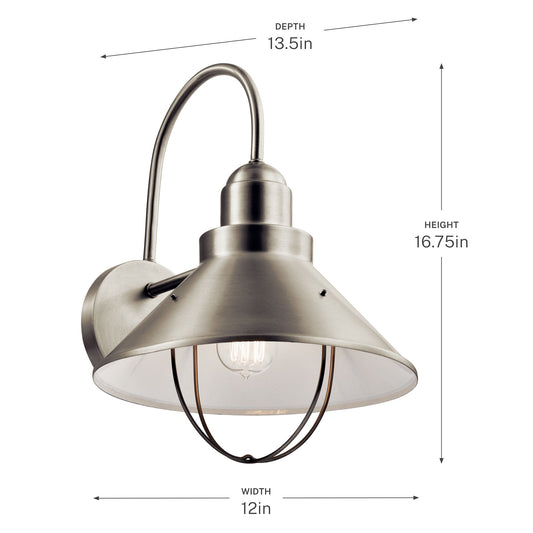 Kichler Seaside 12in 1-Light Outdoor Wall Lantern | Rustic Brushed Nickel Aluminum | Entryway & Patio | 12 x 16.5 x 13.5 in | Model 9142NI