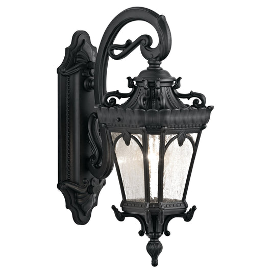 Kichler Tournai 8in 1-Light Outdoor Wall Sconce | Textured Black and Clear Seeded Glass | Covered Patios & Entryways | 8 x 18 x 11 in | Model 9356BKT