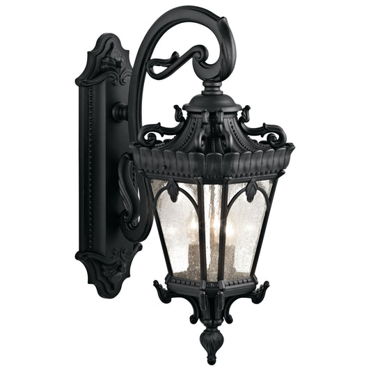 Kichler Tournai 29in 3-Light Outdoor Wall Sconce | Traditional Textured Black and Clear Seeded Glass | Covered Patio & Entry | Model 9358BKT