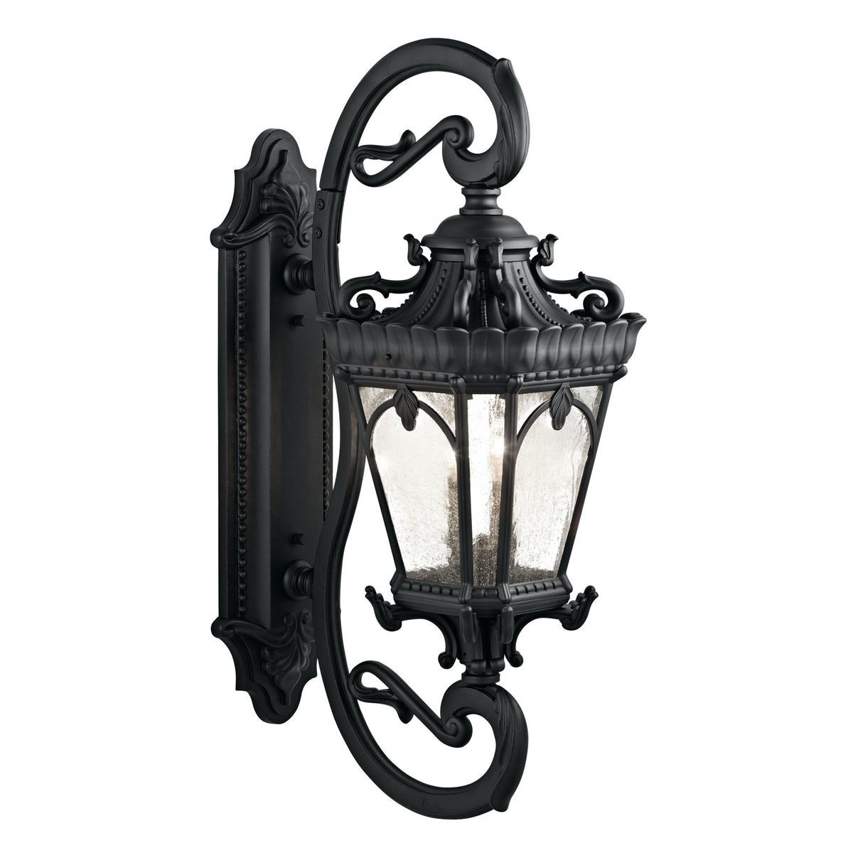 Kichler Tournai 14in 4-Light Outdoor Wall Sconce | Traditional Textured Black and Clear Seeded Glass | Covered Patio & Entryway | Model 9359BKT