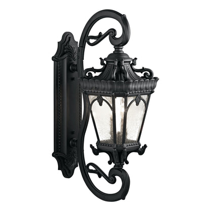 Kichler Tournai 14in 4-Light Outdoor Wall Sconce | Traditional Textured Black and Clear Seeded Glass | Covered Patio & Entryway | Model 9359BKT