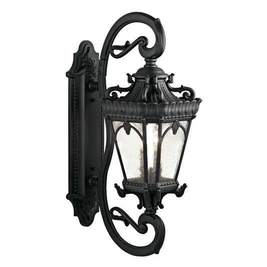 Kichler Tournai 14in 4-Light Outdoor Wall Sconce | Traditional Textured Black and Clear Seeded Glass | Covered Patio & Entryway | Model 9359BKT