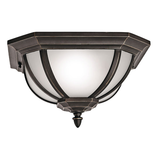 Kichler Salisbury 13.5in 2-Light Outdoor Flush Mount | Transitional Rubbed Bronze and White Linen Glass | Covered Porch | Model 9848RZ