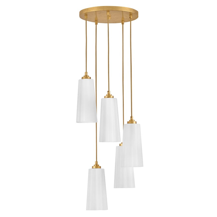 Lark Honey 5 Light Small Chandelier, Distressed Brass/Cased Opal