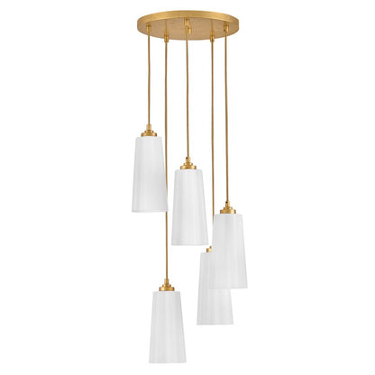 Lark Honey 5 Light Small Chandelier, Distressed Brass/Cased Opal