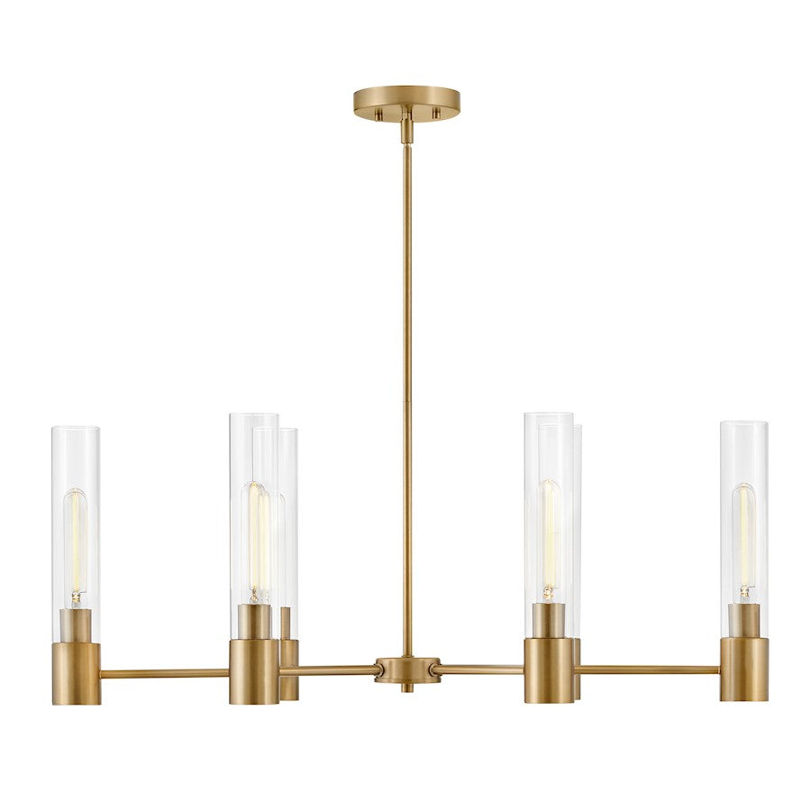 6 Light Small Linear Chandelier, Lacquered Brass