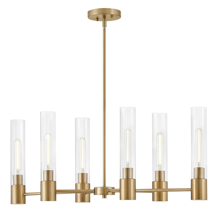 6 Light Small Linear Chandelier, Lacquered Brass
