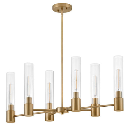 6 Light Small Linear Chandelier, Lacquered Brass