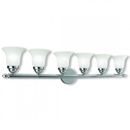 Livex Neptune 48in 6-Light Bathroom Vanity Light | Transitional Chrome and White Alabaster Glass | Bathroom Vanity & Powder Room | Model 1066-05
