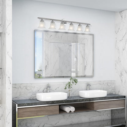 Livex Neptune 48in 6-Light Bathroom Vanity Light | Transitional Chrome and White Alabaster Glass | Bathroom Vanity & Powder Room | Model 1066-05