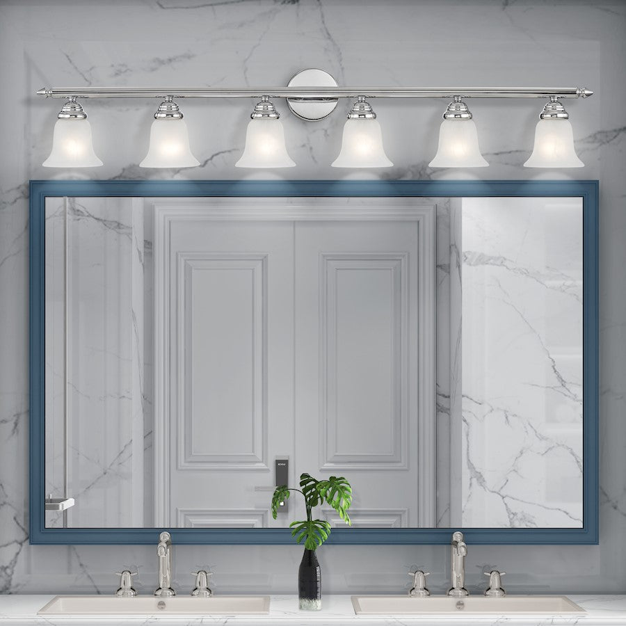 Livex Neptune 48in 6-Light Bathroom Vanity Light | Transitional Chrome and White Alabaster Glass | Bathroom Vanity & Powder Room | Model 1066-05