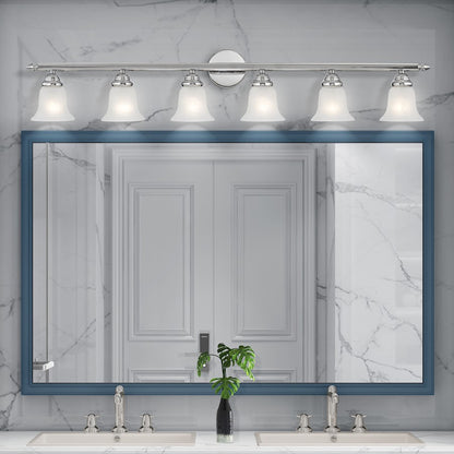 Livex Neptune 48in 6-Light Bathroom Vanity Light | Transitional Chrome and White Alabaster Glass | Bathroom Vanity & Powder Room | Model 1066-05