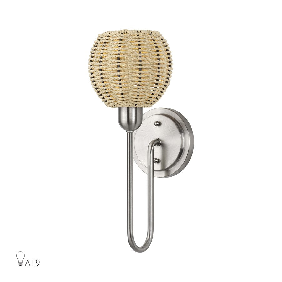 Livex Summervine 1Lt Single Sconce, Nickel/Hand-Woven French Beige - 13681-91