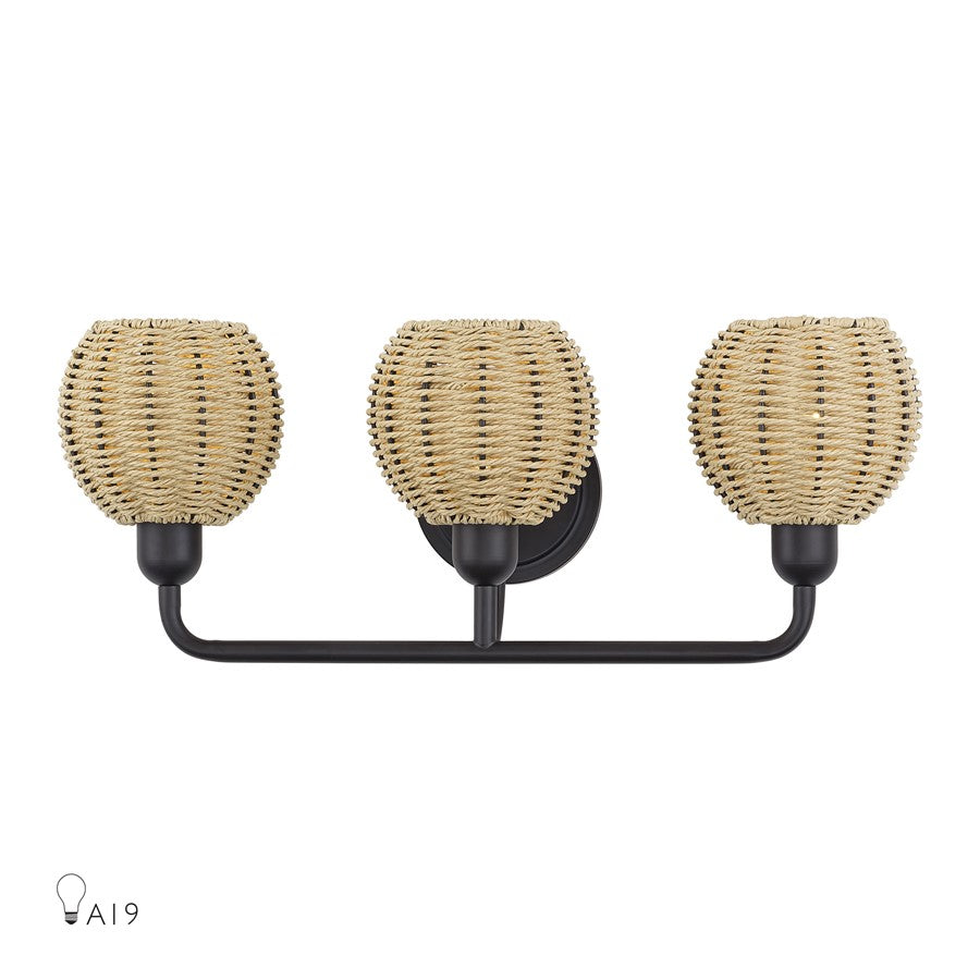 Livex Summervine 3Lt Vanity Sconce, Bronze/Hand-Woven French Beige - 13683-07