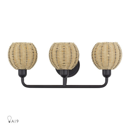 Livex Summervine 3Lt Vanity Sconce, Bronze/Hand-Woven French Beige - 13683-07