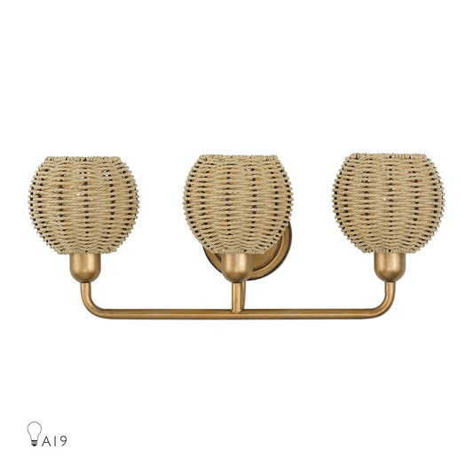 Livex Summervine 3Lt Vanity Sconce, Gold/Hand-Woven French Beige - 13683-48