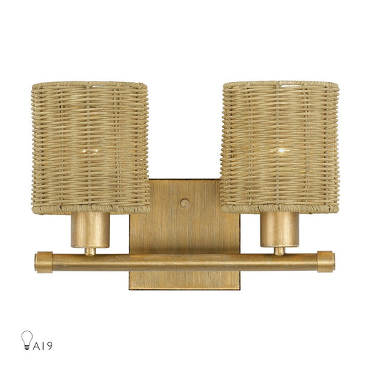 Livex Weavington 2Lt Vanity Sconce, Gold/Hand-Woven Rustic Walnut - 13702-48