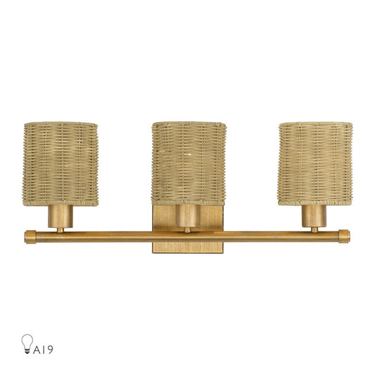Livex Weavington 3Lt Vanity Sconce, Gold/Hand-Woven Rustic Walnut - 13703-48