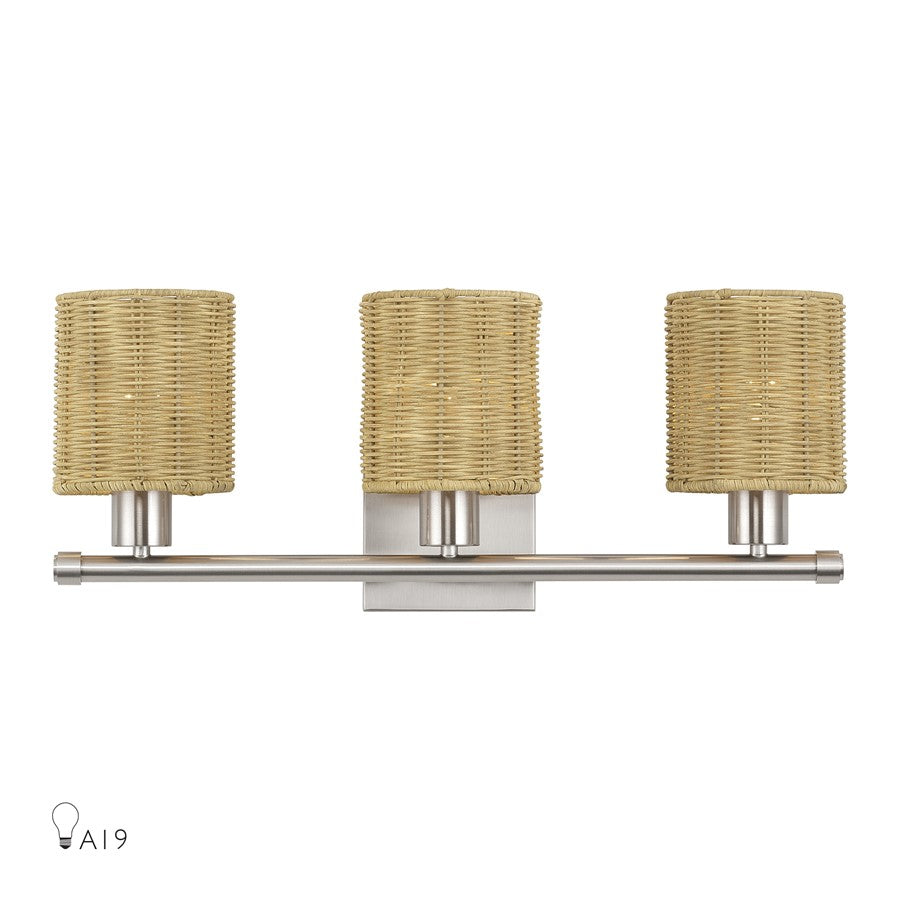 Livex Weavington 3Lt Vanity Sconce, Nickel/Hand-Woven Rustic Walnut - 13703-91