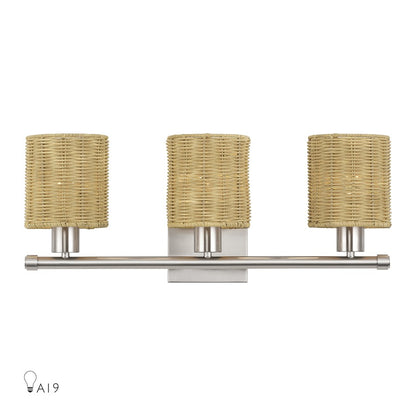 Livex Weavington 3Lt Vanity Sconce, Nickel/Hand-Woven Rustic Walnut - 13703-91