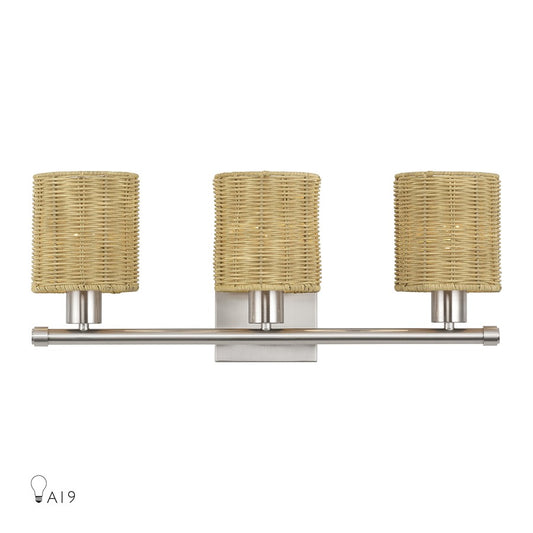 Livex Weavington 3Lt Vanity Sconce, Nickel/Hand-Woven Rustic Walnut - 13703-91