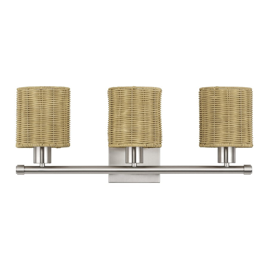 Livex Weavington 3Lt Vanity Sconce, Nickel/Hand-Woven Rustic Walnut