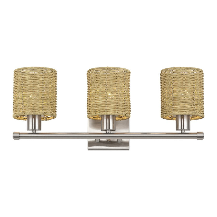 Livex Weavington 3Lt Vanity Sconce, Nickel/Hand-Woven Rustic Walnut
