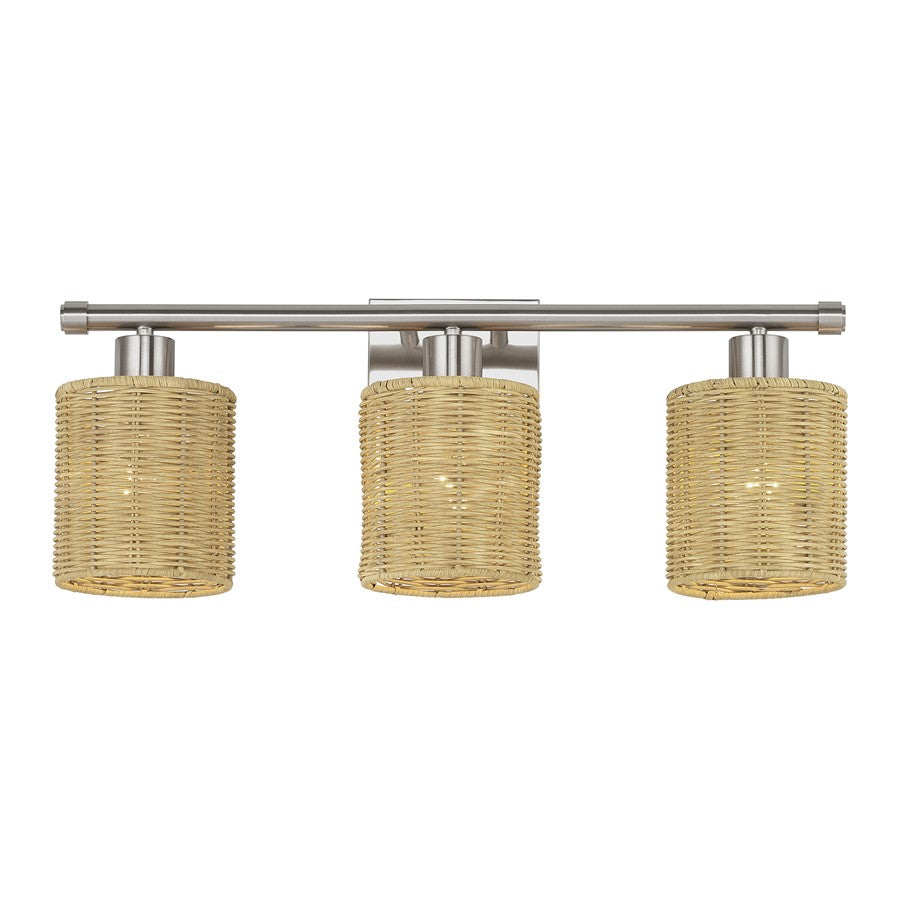 Livex Weavington 3Lt Vanity Sconce, Nickel/Hand-Woven Rustic Walnut