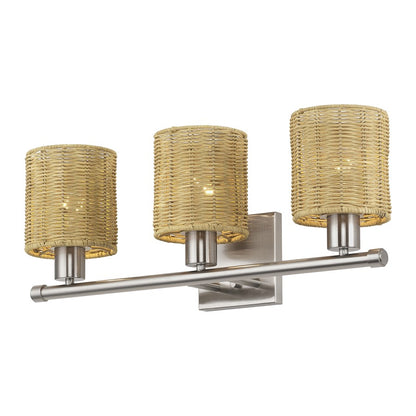 Livex Weavington 3Lt Vanity Sconce, Nickel/Hand-Woven Rustic Walnut