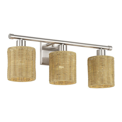 Livex Weavington 3Lt Vanity Sconce, Nickel/Hand-Woven Rustic Walnut
