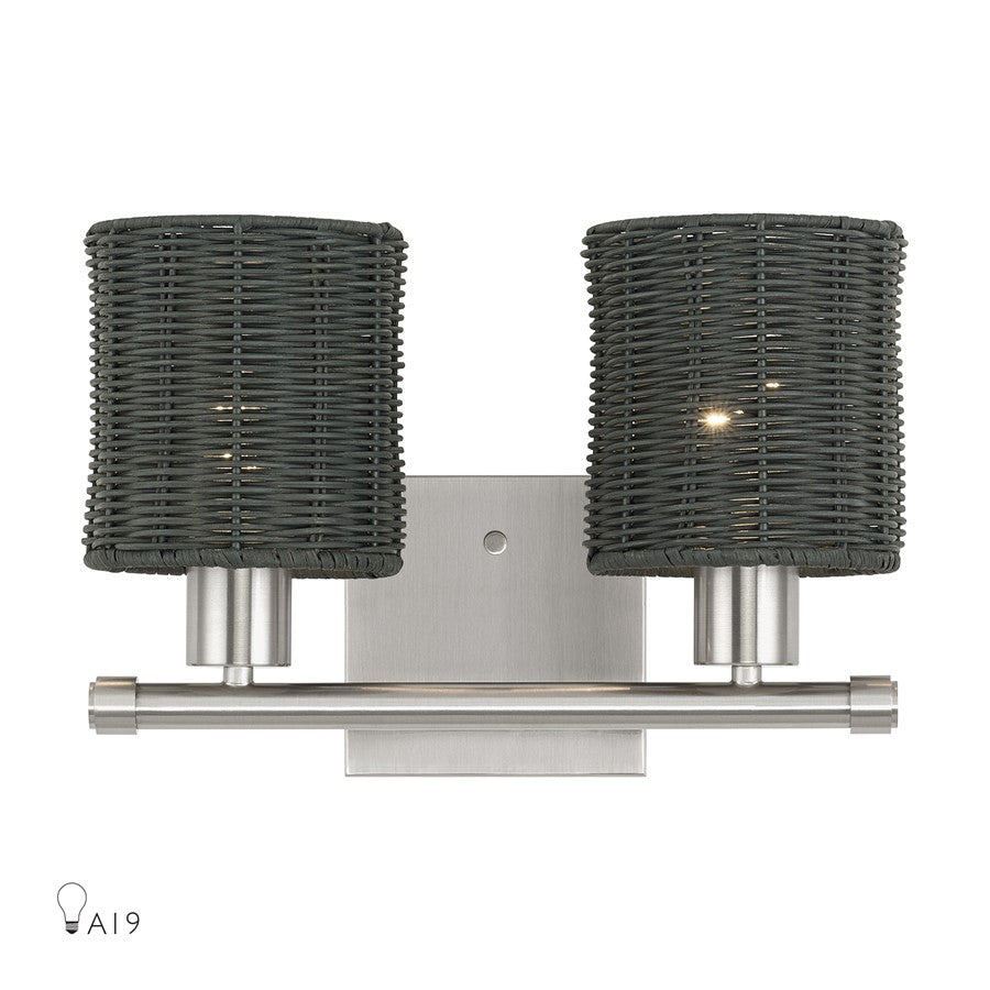 Livex Weavington 2Lt Vanity Sconce, Nickel/Hand-Woven Charred Gray - 13717-91