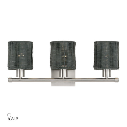 Livex Weavington 3Lt Vanity Sconce, Nickel/Hand-Woven Charred Gray - 13718-91