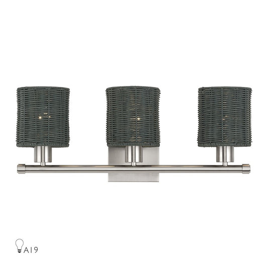 Livex Weavington 3Lt Vanity Sconce, Nickel/Hand-Woven Charred Gray - 13718-91
