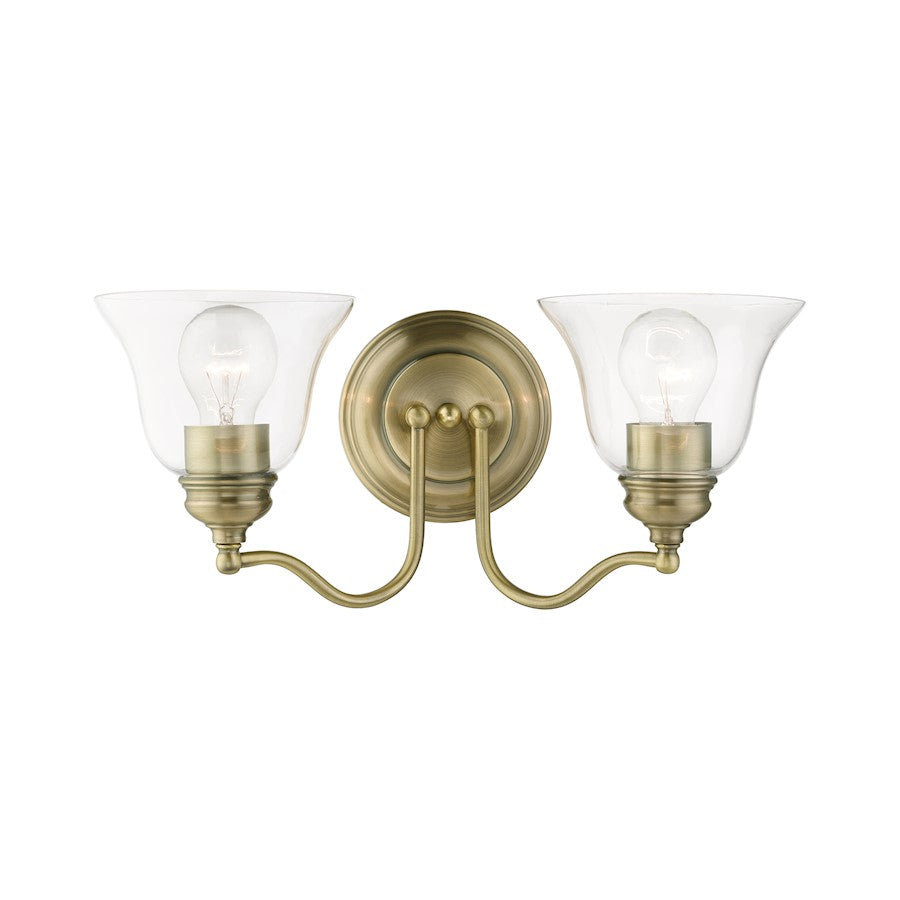 Livex Moreland 2 Light Vanity Sconce, Antique Brass/Clear