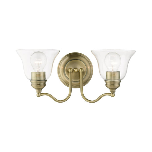Livex Moreland 2 Light Vanity Sconce, Antique Brass/Clear