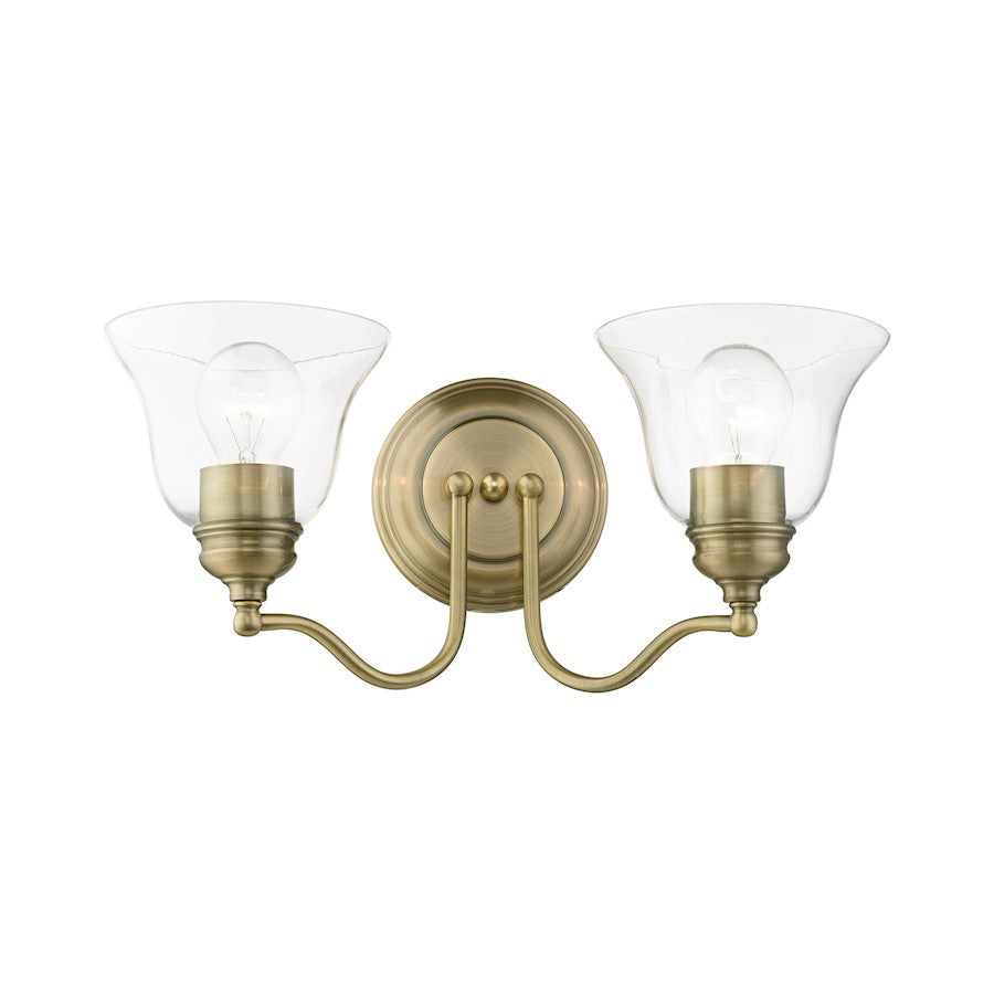 Livex Moreland 2 Light Vanity Sconce, Antique Brass/Clear