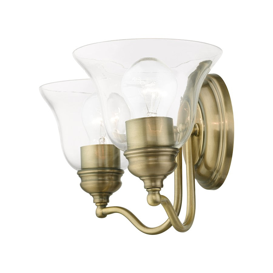 Livex Moreland 2 Light Vanity Sconce, Antique Brass/Clear