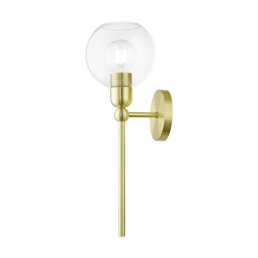 Livex Downtown 1 Light Sphere Single Sconce, Satin Brass/Clear