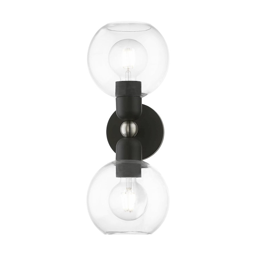 Livex Downtown 2 Light Sphere Vanity Sconce, BK/Brushed NK
