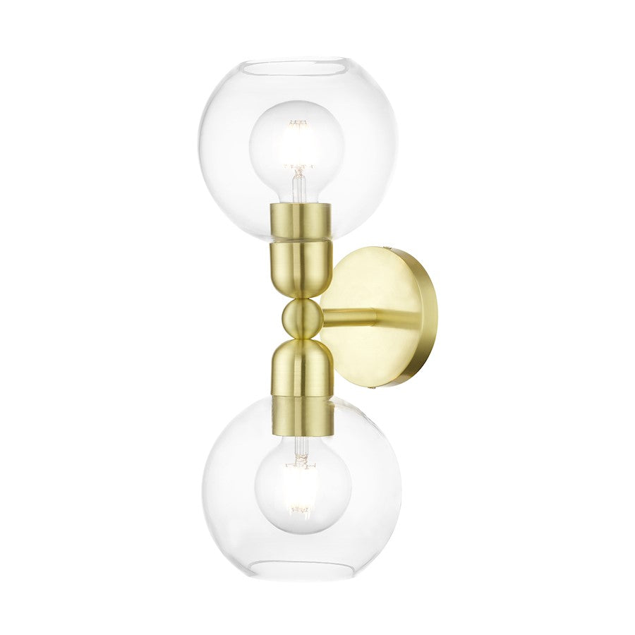 Livex Downtown 2 Light Sphere Vanity Sconce, Satin Brass/Clear